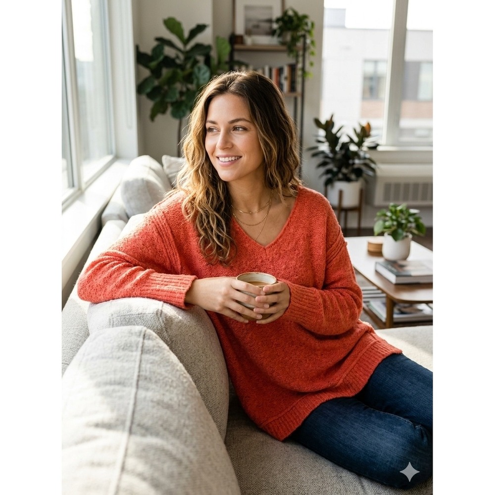 Free People Womens Alpaca Blend V-Neck Sweater Coral Orange Oversized Small
